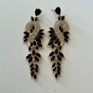 Pierced earrings. Black and crystal rhinestones. 3 1/2” long.